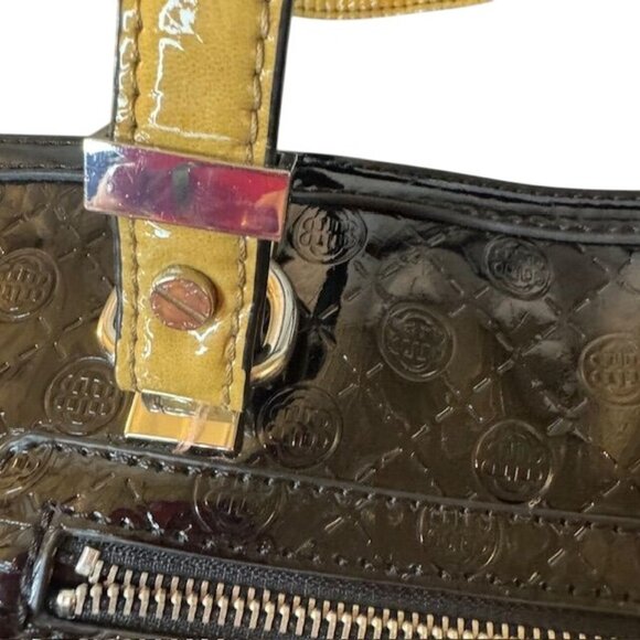 Dana Buchman Black Patent Embossed Leather Tote Bag With Front Zipper Pocket & T - Picture 5 of 12